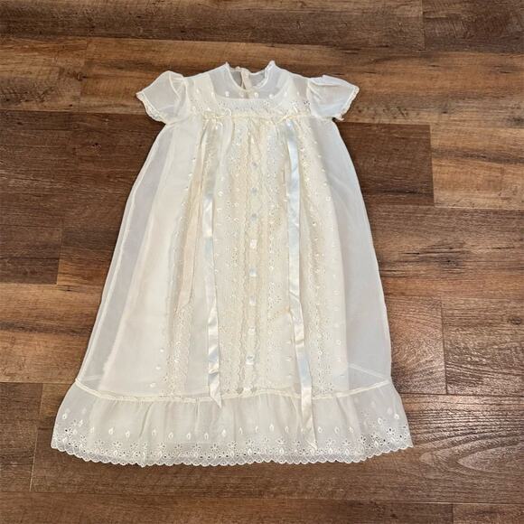 EUC Vintage Ivory Christening Baptism Gown w/ Slip Embroidered Lace Trim Ribbon - Picture 1 of 6